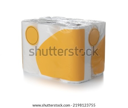 Package of toliet paper with blank label for text against a white background. Royalty-Free Stock Photo #2198123755