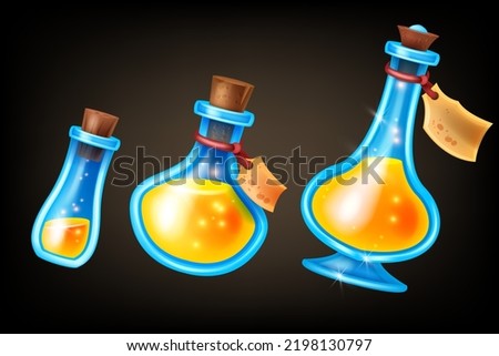 Potion bottle game UI set, magic RPG level up wizard vial icon kit, shiny vector glass flask, cork. Halloween witchcraft blue jar pack, liquid poison, love alchemy elixir. Witch potion bottle, sticker