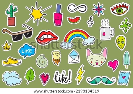 Cute Colorful Modern Patch Set. Fashion patches. Cartoon 80's - 90's style.