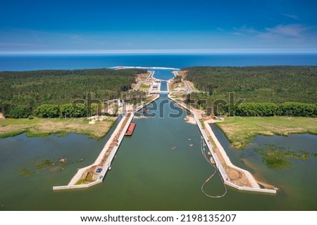 Construction of a canal to the Baltic Sea on the Vistula Spit. Poland Royalty-Free Stock Photo #2198135207