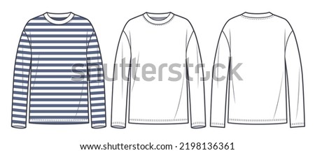 Long Sleeve Shirt fashion flat tehnical drawing template. Unisex T-Shirt fashion template, crew neck, long sleeve, front and back view,  stripe design, white, blue, women, men, CAD mockup set.