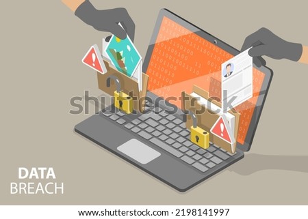 3D Isometric Flat Vector Conceptual Illustration of Data Breach, Stealing Data or Cyber Crime Royalty-Free Stock Photo #2198141997