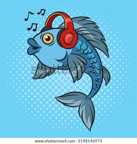 fish in headphones listening to music pinup pop art retro vector illustration. Comic book style imitation.