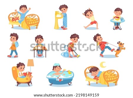 Cartoon boy character daily routine. Everyday activities. From morning to evening. Little child awakening and eating lunch. Teen reading book. Hygiene and studying Royalty-Free Stock Photo #2198149159
