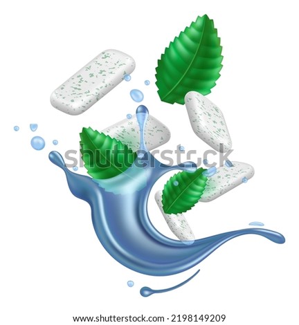 Realistic chewing gum. 3D splashes juice and water with bubblegum refreshing pads with menthol flavor. Fresh mint leaves. Liquid sprays. Spearmint taste. Vector dental