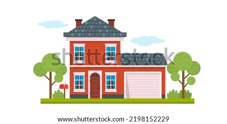 Home Sweet Home. Flat vector illustration of a two-story house with a garage, landscape, green lawn. brick house on a white background.