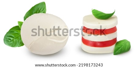Mozzarella cheese sliced with basil leaf and tomato isolated on white background with full depth of field
