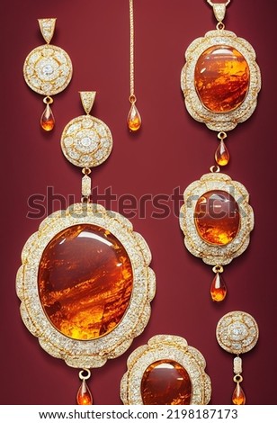 The full set of Amber Jewelry Designs by Vicky Burmese Amber, Victorian Designs. Setting with gold 18k and silver. Oval shape jewelry, semi precious gemstones of natural Burmese Amber Royalty-Free Stock Photo #2198187173