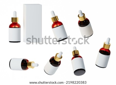 Seven different views of glossy brown glass serum bottle with label 3D render, cosmetic product packaging isolated on white background. 3D Illustration