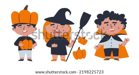 Children in Halloween costumes. Boo! Vector characters Halloween in cartoon style. Girl and boy in halloween costume.Traditional Halloween elements. 