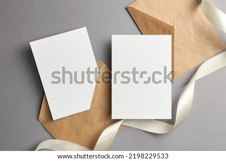 Blank wedding invitation card mockup with envelope, front and back sides, mockup with copy space