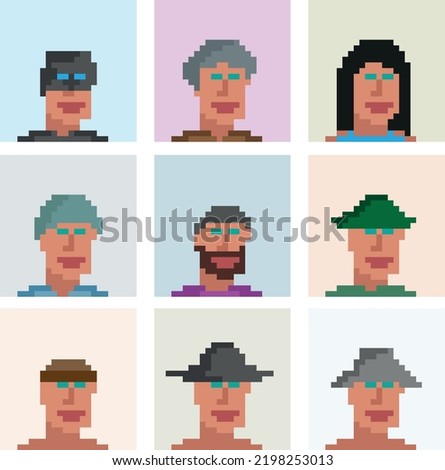 Set of simple pixelated faces of people. Vector illustration.