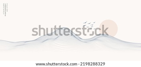 Vector abstract art landscape mountain with birds and sunrise sunset by blue line art texture isolated on white beige earth tone background. Minimal luxury style for wallpaper, wall art decoration. Royalty-Free Stock Photo #2198288329
