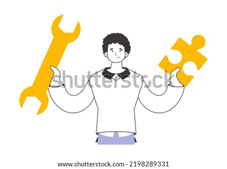 The guy is holding a wrench and a puzzle. Teamwork theme. Linear style. Isolated. Vector.