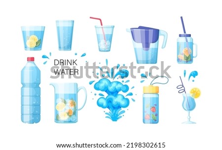 Different plastic and glass water packaging set. Bottle, jug, filter, glass and cup with fresh clean water and lemonade with fruit and berries. Design templates of packaging mockup cartoon vector Royalty-Free Stock Photo #2198302615