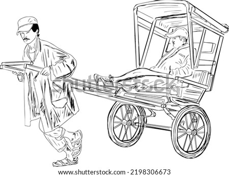 Hand Rickshaw vector, Outline sketch drawing of Man pulling hand cart with passenger, A rickshaw puller with his customer cartoon doodle art