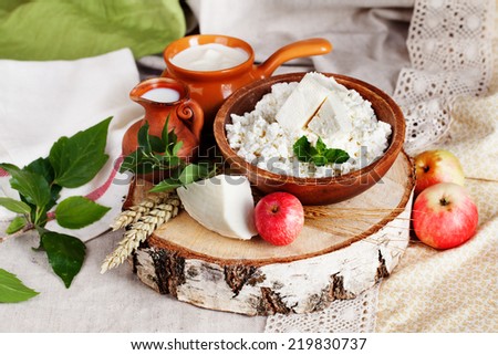 rustic dairy products still life with birch and apple