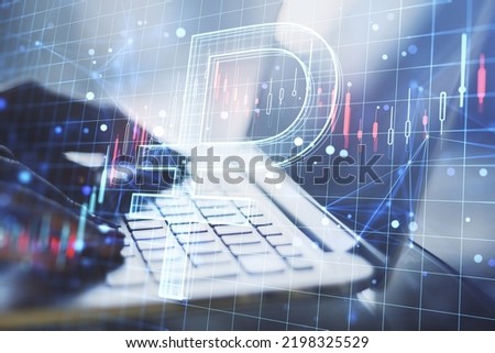 Close up of hands using notebook with creative glowing ruble hologram and forex chart on blurry background. Money, trade, market, online banking app, currency and finance concept. Double exposure