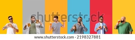 Collage with different men drinking beer on colorful background