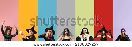 Set of women in Halloween costumes on colorful background