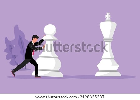 Character flat drawing young competitive businessman push huge pawn chess piece. Business strategy, goals target, marketing plan. Strategic move in business concept. Cartoon design vector illustration