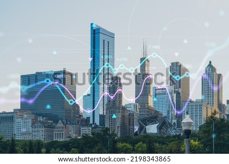 Chicago skyline, Butler Field towards financial district skyscrapers, day time, Illinois, USA. Parks and gardens. Forex graph hologram. The concept of internet trading, brokerage, fundamental analysis