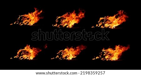 Set of 4 images of flames in the form of dragons and strange waves isolated on a black background, 
