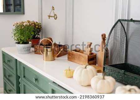 Kitchen with green vintage furniture, pendant lights, marble counter top with flowers and pumpkins, pots of autumn flowers, cupboard with various mugs, crockery and cutlery. Soft selective focus.