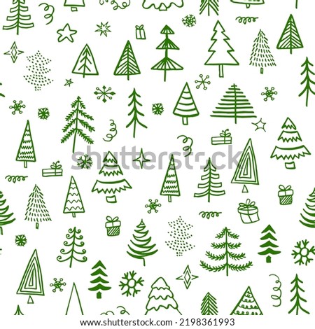 Winter graphic seamless pattern with green christmas trees. Hand drawn vector illustration. Wrapping paper Christmas.