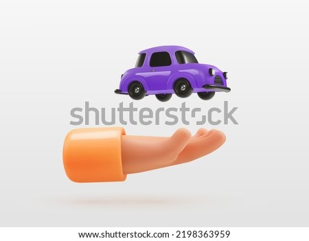 3d cartoon human hand holding toy car vector illustration. Little auto in arm on white background design element
