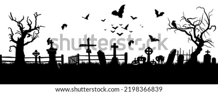Cemetery silhouette graveyard with tombstones and creepy trees around.With grave crosses, creepy pumpkins and a flock of bats flying over the cemetery. Scary Halloween ilustration. Royalty-Free Stock Photo #2198366839