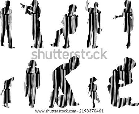 Vector silhouettes, Outline silhouettes of people, Contour drawing, people silhouette, Icon Set Isolated, Silhouette of sitting people, Architectural set	
