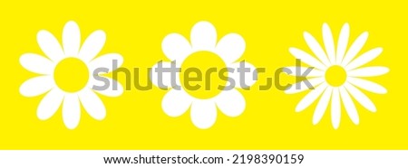 Camomile daisy set line. Three white chamomile icon. Cute round flower plant collection. Love card symbol. Growing concept. Flat design. Isolated. Yellow background. Vector illustration