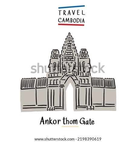 Angkor Thom Gate Cambodia landmark Asia travel Hand drawn Color Illustration 
