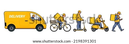 Hand drawn delivery service set in cartoon style. Couriers in yellow uniform walking, riding bicycle, electric scooter, motorbike, driving delivery truck. Vector illustration isolated on white.

