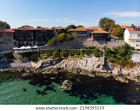 Sozopol, Bulgaria - Aerial view of medieval city and Black Sea. Drone view from above. Summer holidays destination