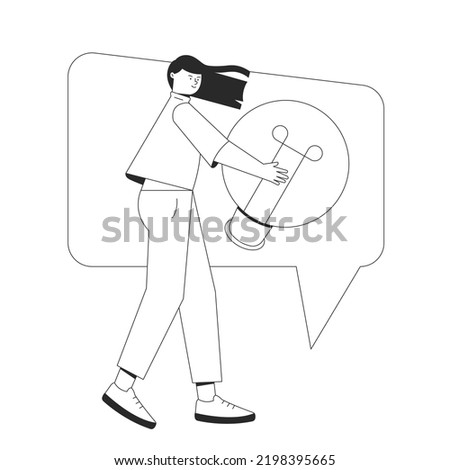 Woman holding a big yellow light bulb and text box. Symbol of inspiration, invention, innovation, and creativity. Hand drawn, Doodle, Cartoon, line, thin style.  Flat style vector illustration.