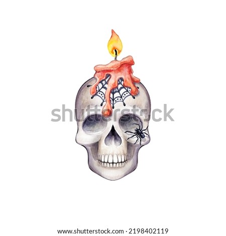 Human scull with spider and melted wax candle. Watercolor illustration. Tribal spooky clip art isolated on white background