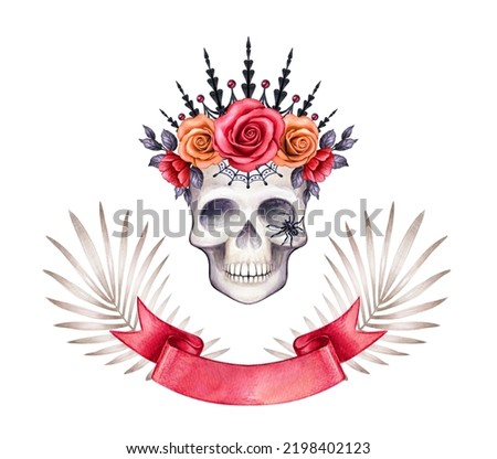 Human skull decorated with floral crown with red roses in vintage boho style. Watercolor illustration, halloween clip art isolated on white background