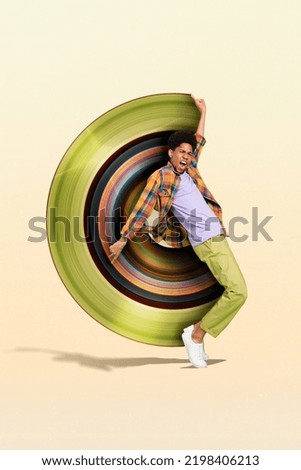 Photo 3d collage artwork postcard poster magazine sketch of young happy guy dude dance good mood isolated on drawing background