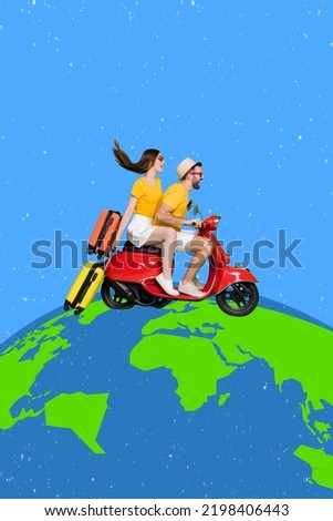 Vertical creative photo collage of young carefree guy beautiful girl couple together traveling across world on scooter ride on planet