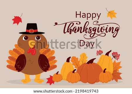 Thanksgiving card with turkey and pumpkins. Vector illustration