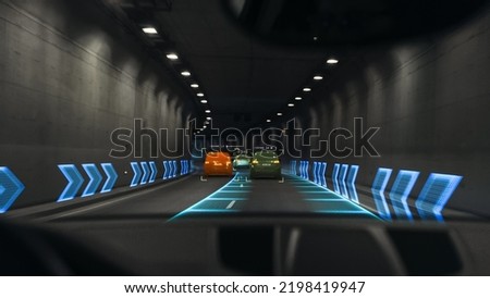 Futuristic Autonomous Self-Driving Car Moving Through Tunnel, Head-up Display Showing Infographics: Speed, Distance, Navigation. Road Scanning. Driver Seat Point of View POV, First Person View FPV