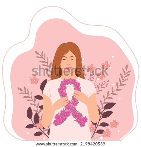 Girl holding awareness ribbon. Breast cancer concept. Vector illustration