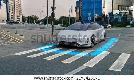 Self-Driving 3D Car Concept: Autonomous Vehicle Stops Before Crosswalk. Visualization of Safety Features: Scanning Surroundings, Detecting Pedestrian, Stopping before Crosswalk