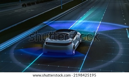 Aerial Drone Following Futuristic 3D Concept Car. Autonomous Self Driving Van Moving Through City Highway. Visualized AI Sensors Scanning Road Ahead for Speed Limits, Vehicles, Pedestrians. Back View. Royalty-Free Stock Photo #2198425195