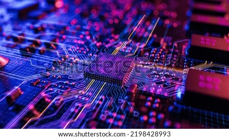 Neon Theme Visualization of Circuit Board CPU Processor Starting Digitalization Process and Information Computing, Processing a Lot of Data. Computer Graphics, Special Visual Effects, Image. Royalty-Free Stock Photo #2198428993
