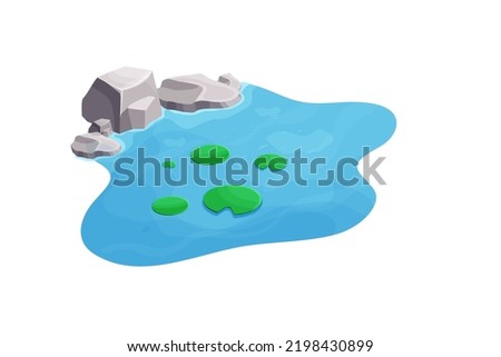 Lake with calm water, lily and stones in cartoon style isolated on white background. Outdoor natural pond. Isometric view Royalty-Free Stock Photo #2198430899
