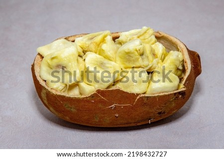 Ripe cupuaçu fruit (Theobroma grandiflorum) opened showing the seeds and the husk of the fruit.  Royalty-Free Stock Photo #2198432727