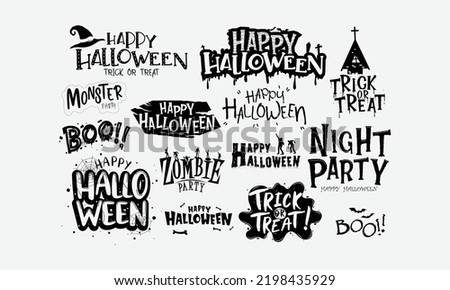 Happy halloween lettering set. Poster, banner, flyer. Spider web with the spider. Black on white. Lettering. Halloween party. Flat design vector EPS 10 illustration.Text banner or background.